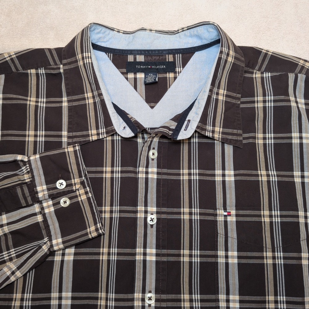 Tommy Hilfiger Mens Button Down Long Sleeve Shirt Sz XXL Brown Plaid 100% Cotton